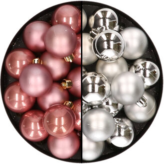 Decoris 32x stuks kunststof kerstballen mix van oudroze en zilver 4 cm