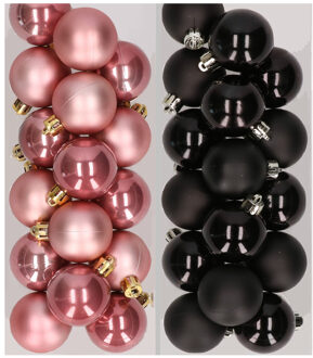 Decoris 32x stuks kunststof kerstballen mix van oudroze en zwart 4 cm