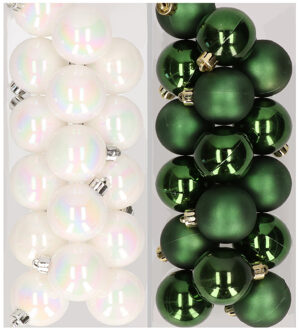 Decoris 32x stuks kunststof kerstballen mix van parelmoer wit en donkergroen 4 cm