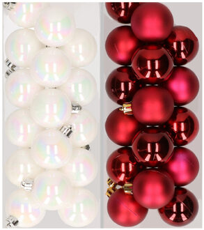 Decoris 32x stuks kunststof kerstballen mix van parelmoer wit en donkerrood 4 cm