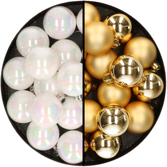 Decoris 32x stuks kunststof kerstballen mix van parelmoer wit en goud 4 cm