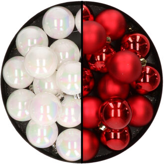 Decoris 32x stuks kunststof kerstballen mix van parelmoer wit en rood 4 cm