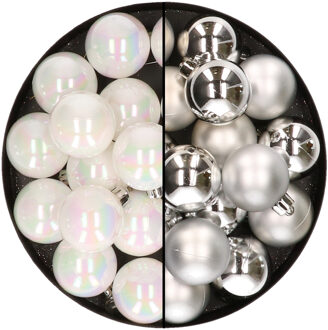 Decoris 32x stuks kunststof kerstballen mix van parelmoer wit en zilver 4 cm - Kerstbal