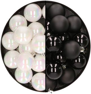 Decoris 32x stuks kunststof kerstballen mix van parelmoer wit en zwart 4 cm