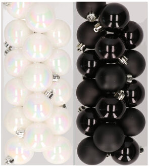 Decoris 32x stuks kunststof kerstballen mix van parelmoer wit en zwart 4 cm