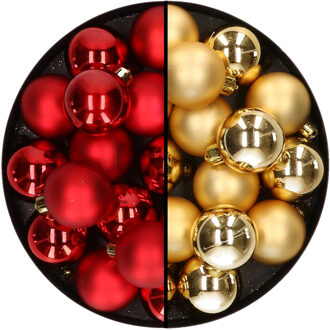 Decoris 32x stuks kunststof kerstballen mix van rood en goud 4 cm - Kerstbal