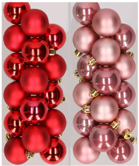 Decoris 32x stuks kunststof kerstballen mix van rood en oudroze 4 cm
