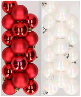 Decoris 32x stuks kunststof kerstballen mix van rood en parelmoer wit 4 cm