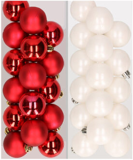 Decoris 32x stuks kunststof kerstballen mix van rood en wit 4 cm