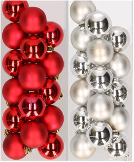 Decoris 32x stuks kunststof kerstballen mix van rood en zilver 4 cm