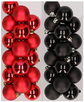 Decoris 32x stuks kunststof kerstballen mix van rood en zwart 4 cm