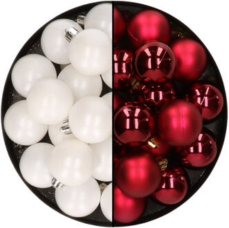 Decoris 32x stuks kunststof kerstballen mix van wit en donkerrood 4 cm