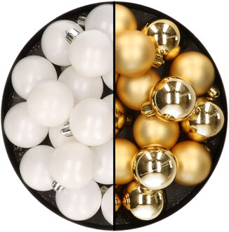 Decoris 32x stuks kunststof kerstballen mix van wit en goud 4 cm - Kerstbal