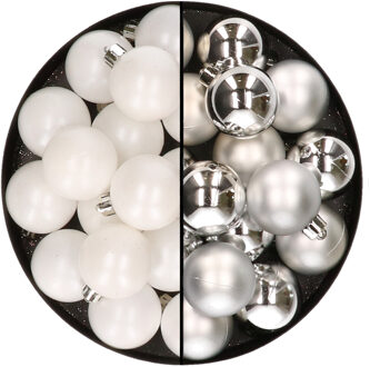 Decoris 32x stuks kunststof kerstballen mix van wit en zilver 4 cm