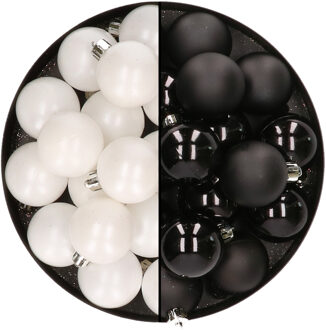Decoris 32x stuks kunststof kerstballen mix van wit en zwart 4 cm
