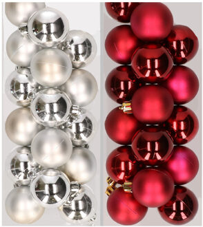 Decoris 32x stuks kunststof kerstballen mix van zilver en donkerrood 4 cm - Kerstbal