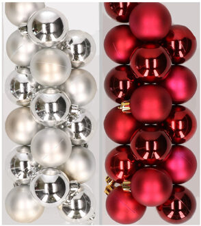 Decoris 32x stuks kunststof kerstballen mix van zilver en donkerrood 4 cm