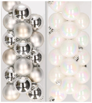 Decoris 32x stuks kunststof kerstballen mix van zilver en parelmoer wit 4 cm - Kerstbal