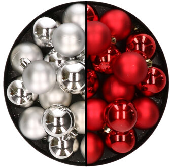 Decoris 32x stuks kunststof kerstballen mix van zilver en rood 4 cm