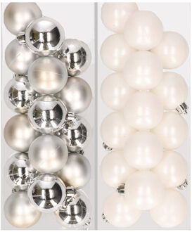 Decoris 32x stuks kunststof kerstballen mix van zilver en wit 4 cm