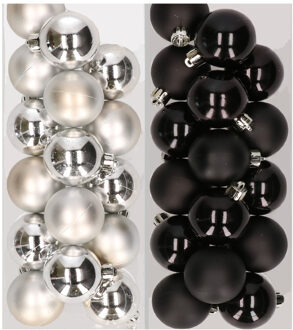 Decoris 32x stuks kunststof kerstballen mix van zilver en zwart 4 cm