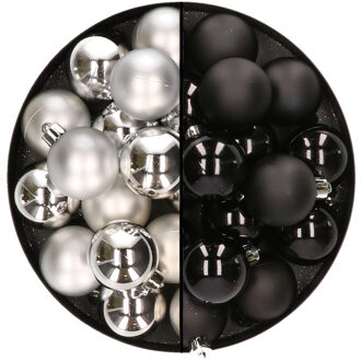 Decoris 32x stuks kunststof kerstballen mix van zilver en zwart 4 cm