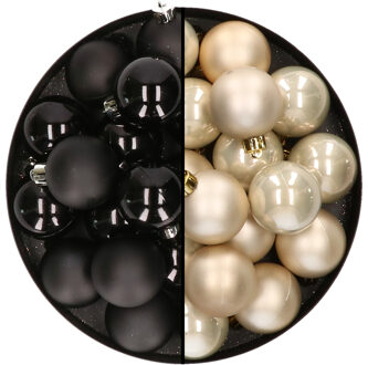 Decoris 32x stuks kunststof kerstballen mix van zwart en champagne 4 cm