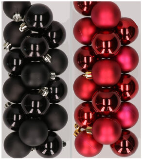 Decoris 32x stuks kunststof kerstballen mix van zwart en donkerrood 4 cm - Kerstbal