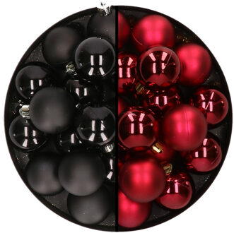Decoris 32x stuks kunststof kerstballen mix van zwart en donkerrood 4 cm