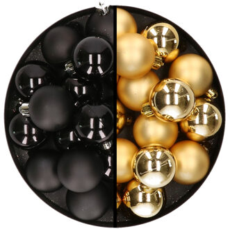 Decoris 32x stuks kunststof kerstballen mix van zwart en goud 4 cm - Kerstbal