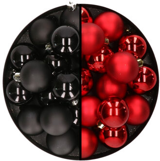 Decoris 32x stuks kunststof kerstballen mix van zwart en rood 4 cm