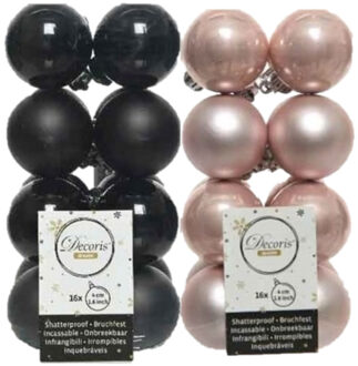 Decoris 32x stuks kunststof kerstballen zwart en lichtroze 4 cm - Kerstbal Multikleur