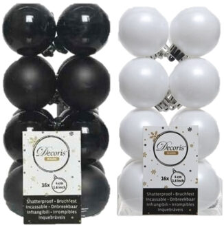 Decoris 32x stuks kunststof kerstballen zwart en wit 4 cm - Kerstbal Multikleur