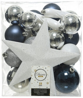 Decoris 33x Blauw/wit/zilveren kerstballen met piek 5-6-8 cm kunststof