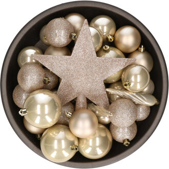 Decoris 33x Champagne Kunststof Kerstballen 5-6-8 Cm - Mix - Onbreekbare Plastic Kerstballen - Kerstboomversiering Champagne Beige