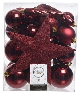 Decoris 33x Donkerrode kerstballen met ster piek 5-6-8 cm kunststof mix