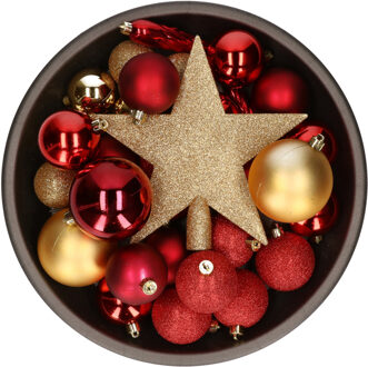 Decoris 33x Gouden/rode Kunststof Kerstballen 5-6-8 Cm - Mix - Onbreekbare Plastic Kerstballen - Kerstboomversiering Goud/rood Multikleur