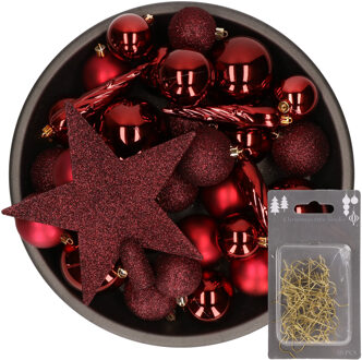 Decoris 33x kunststof kerstballen 5-6-8 cm bordeaux rood met ster piek en haakjes - Kerstbal