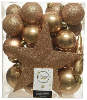 Decoris 33x Kunststof kerstballen mix camel bruin 5-6-8 cm kerstboom versiering/decoratie - Kerstbal