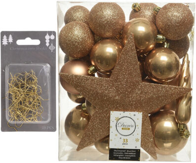 Decoris 33x stuks kunststof kerstballen 5, 6 en 8 cm camel bruin inclusief ster piek en kerstbalhaakjes