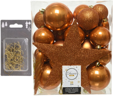 Decoris 33x stuks kunststof kerstballen 5, 6 en 8 cm cognac bruin inclusief ster piek en kerstbalhaakjes