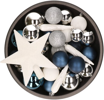 Decoris 33x stuks kunststof kerstballen met piek 5-6-8 cm blauw/wit/zilver incl. haakjes Multi