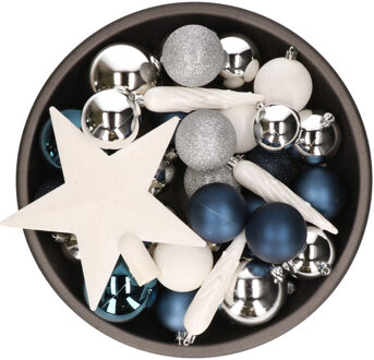 Decoris 33x stuks kunststof kerstballen met piek 5-6-8 cm blauw/wit/zilver incl. haakjes