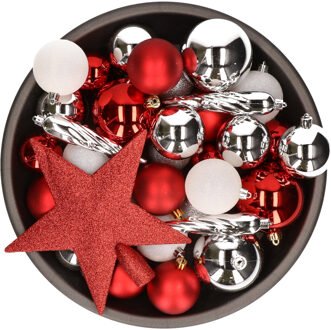 Decoris 33x stuks kunststof kerstballen met piek 5-6-8 cm rood/wit/zilver incl. haakjes