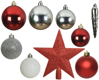 Decoris 33x stuks kunststof kerstballen met piek rood/wit/zilver 5-6-8 cm