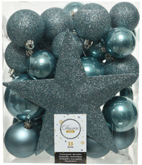 Decoris 33x stuks kunststof kerstballen met ster piek ijsblauw (blue dawn) - Kerstbal