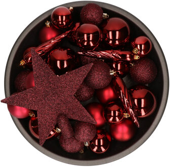 Decoris 33x stuks kunststof kerstballen met ster piek rood 5-6-8 cm mix - Kerstbal