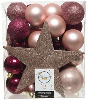 Decoris 33x stuks kunststof kerstballen met ster piek roze tinten - Kerstbal