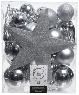 Decoris 33x stuks kunststof kerstballen met ster piek zilver 5-6-8 cm mix - Kerstbal Zilverkleurig