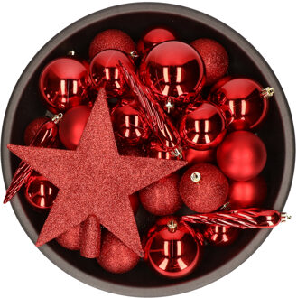 Decoris 33x stuks kunststof kerstballen rood met ster piek 5-6-8 cm mix
